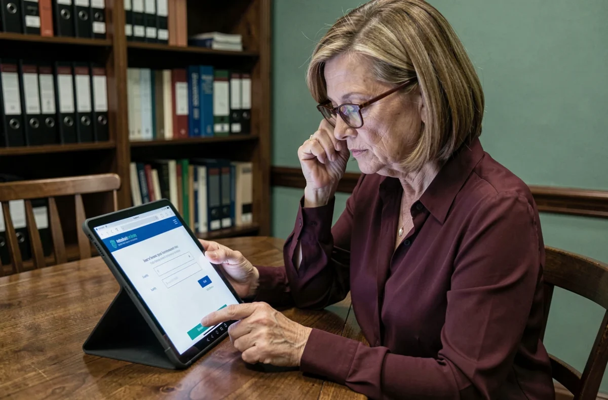 Femme d'âge mûr accédant à un portail extranet sécurisé sur une tablette dans un centre de documentation professionnel