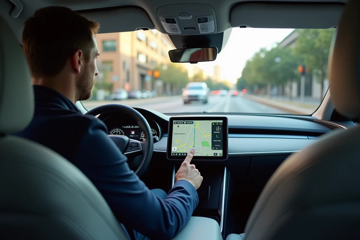 Homme utilisant l'application Waze sur l'écran tactile intégré de sa voiture moderne