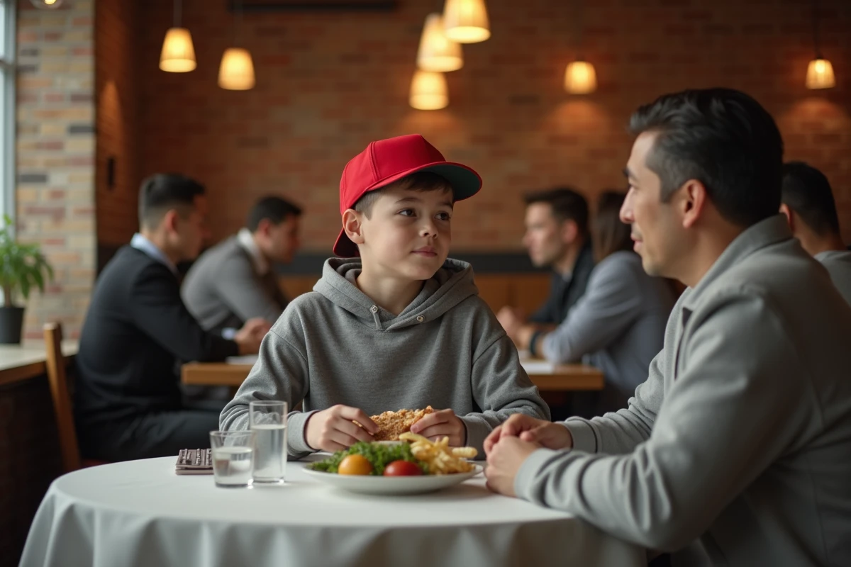 Adolescent portant une casquette rouge attablé dans un restaurant familial, ses parents lui rappelant les bonnes manières à table