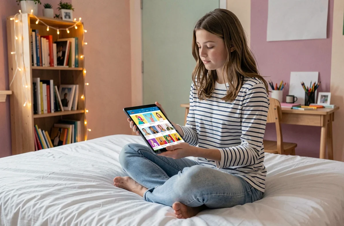 Adolescente dans sa chambre cherchant des gifs animés gratuits sur une tablette