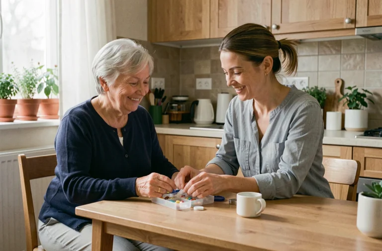 Une aide à domicile assiste une femme âgée dans l'organisation de ses médicaments dans une cuisine chaleureuse et moderne
