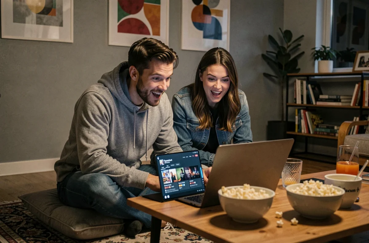 Deux amis choisissant une série TV ensemble sur un ordinateur portable dans un appartement moderne