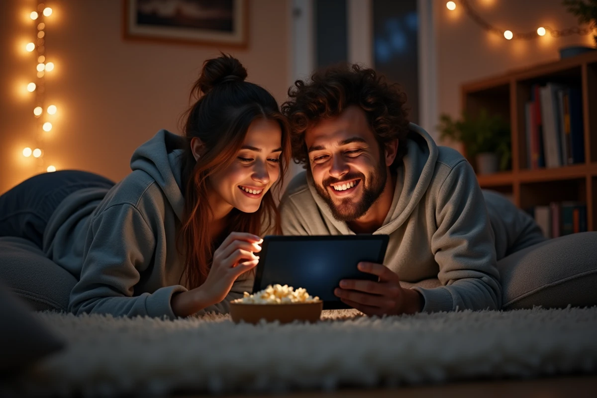 Deux amis regardant un film en streaming légal sur tablette dans une ambiance cosy et détendue