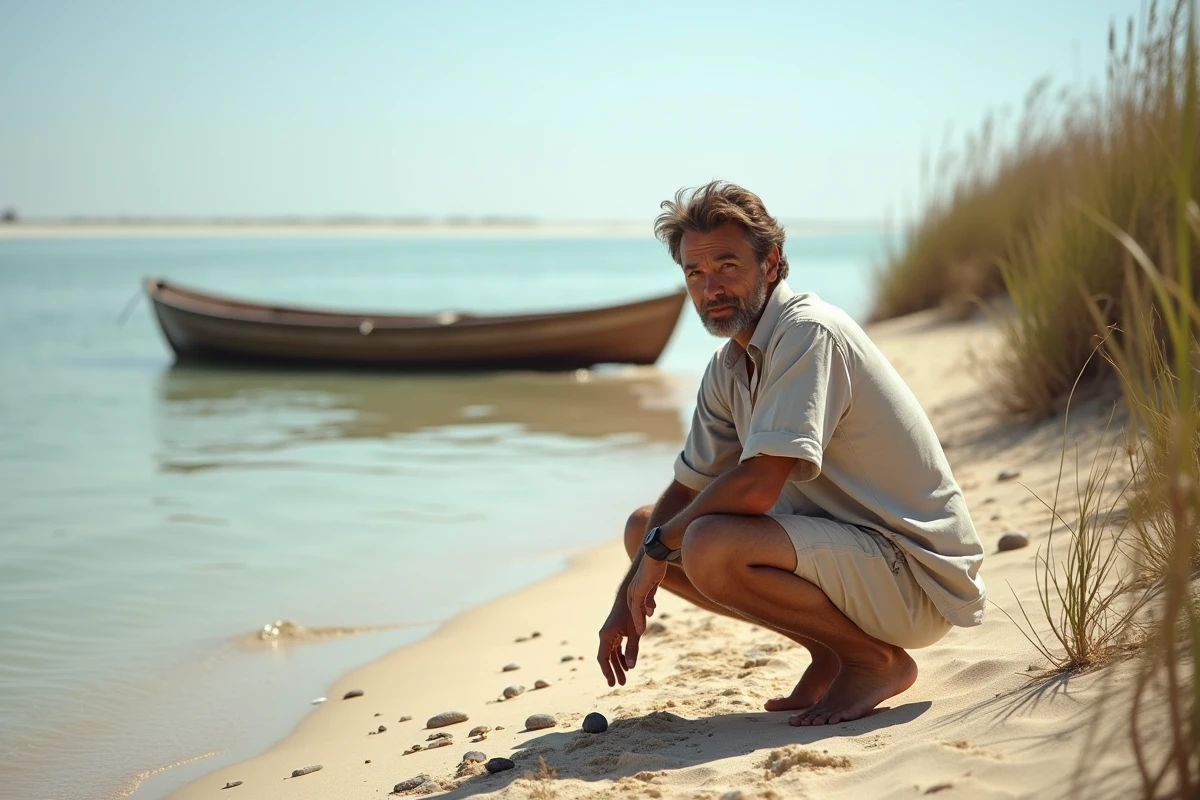 Homme explorant l'anse de la Vieille Nouvelle entre Aigues-Mortes et Sète avec lagune et barque en bois