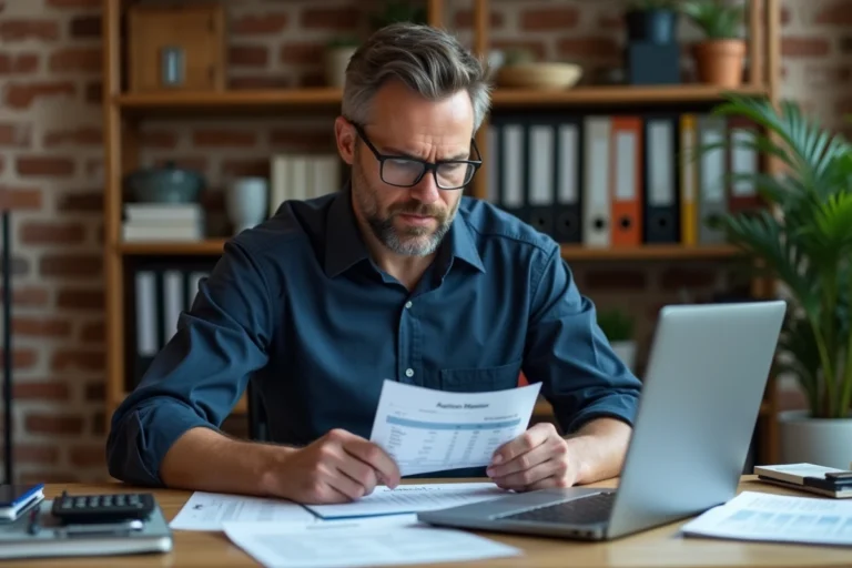 Artisan calculant son taux URSSAF sur une calculatrice avec des documents administratifs sur un bureau en bois