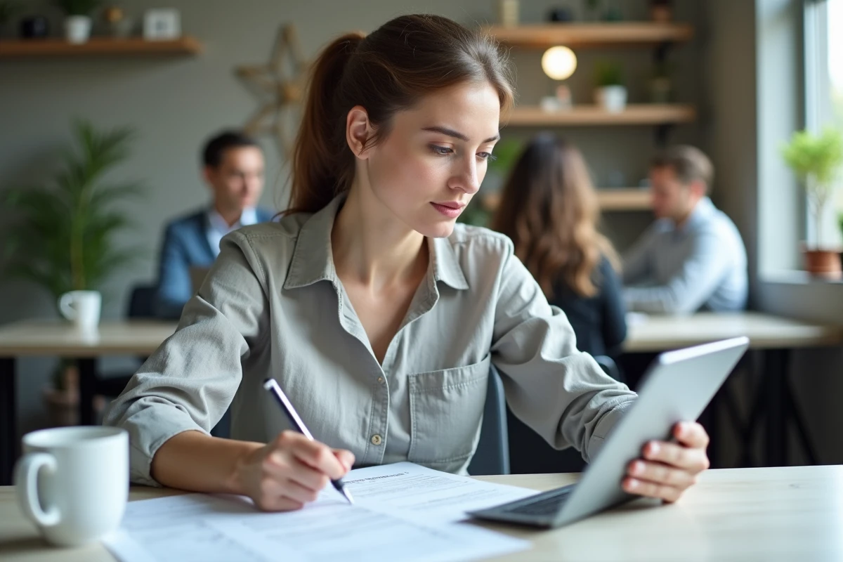 Artisane en espace de coworking consultant un formulaire URSSAF sur tablette avec stylo en main
