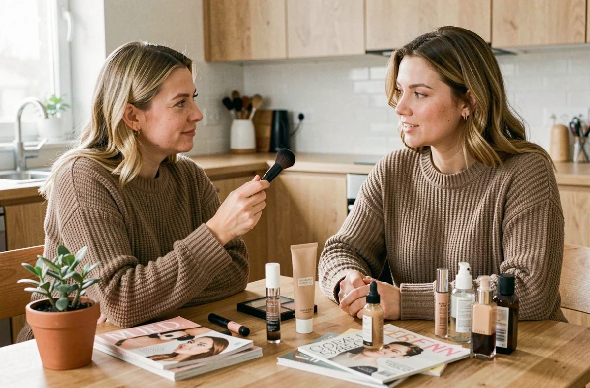 Deux amies partageant des astuces maquillage autour d'une table de cuisine avec des produits de beauté et des magazines