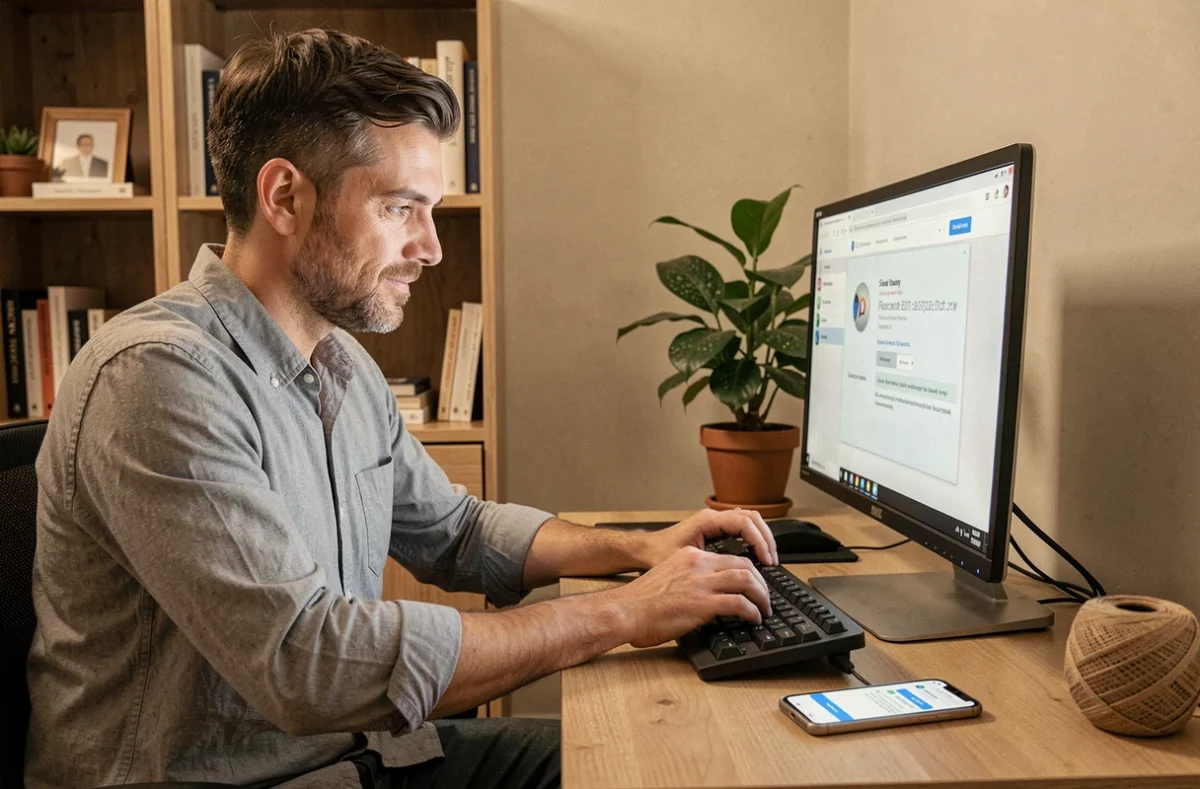 Homme utilisant l'authentification à deux facteurs pour se connecter à un extranet sécurisé depuis son bureau à domicile