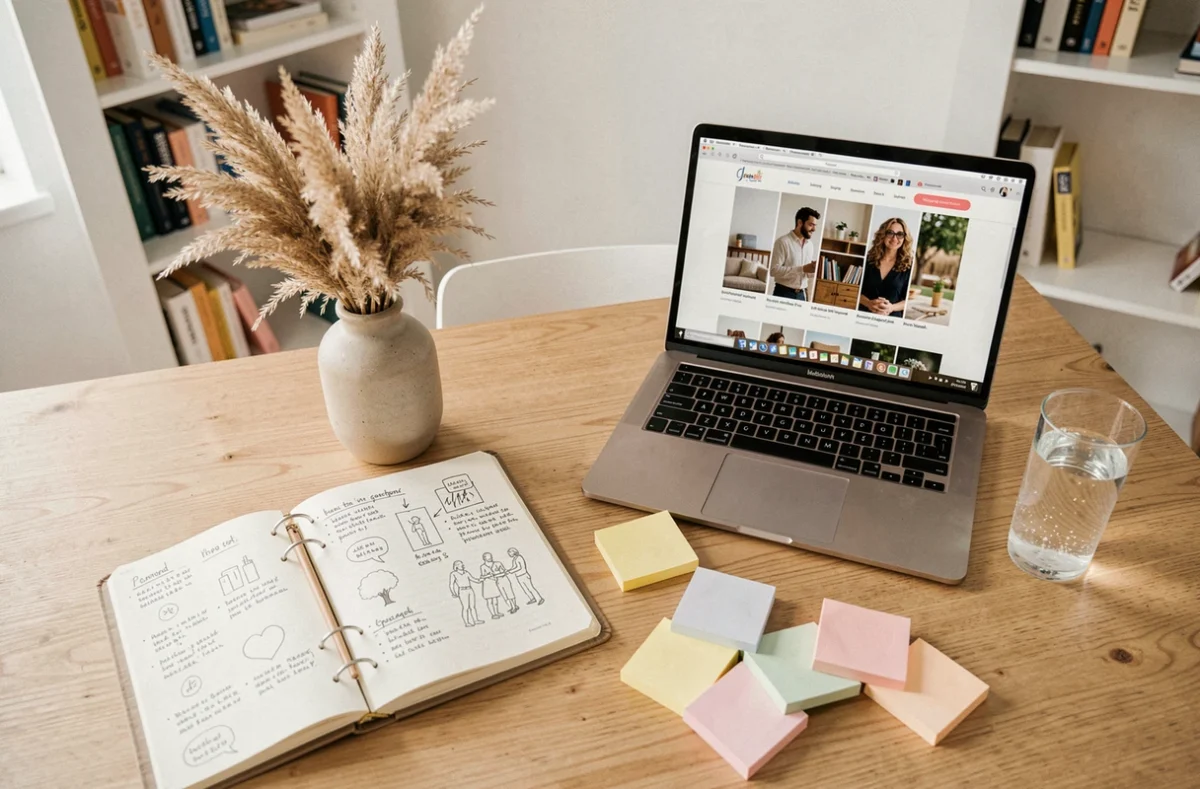 Bureau créatif avec planificateur ouvert, ordinateur portable et décoration naturelle pour blog lifestyle