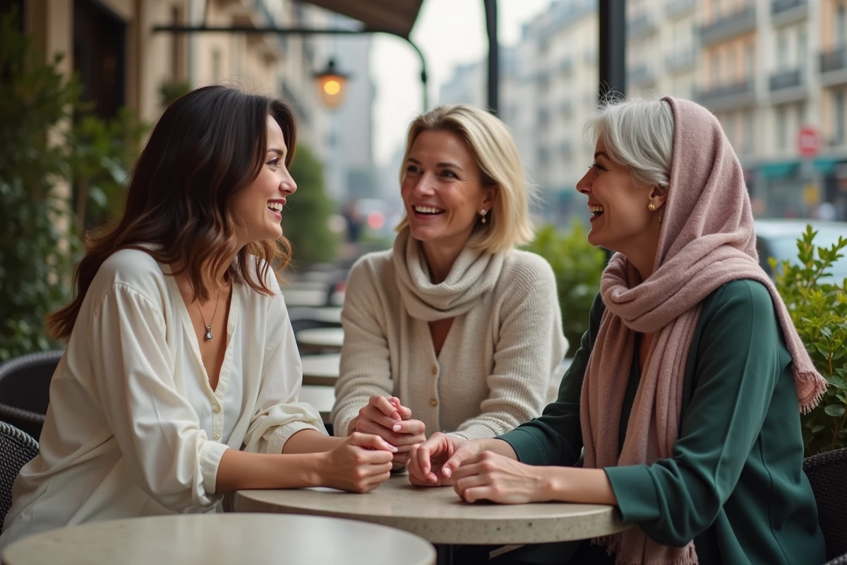 Trois femmes souriantes assises au café en terrasse