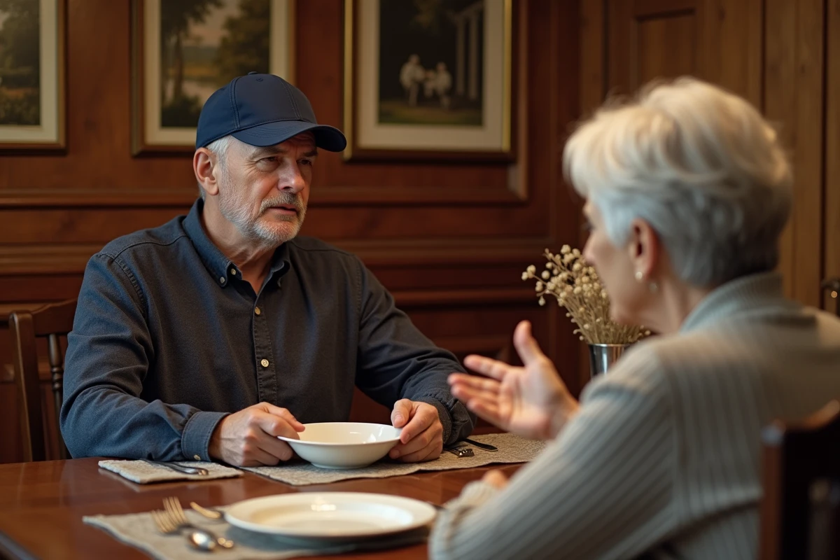 Un homme portant une casquette à table lors d'un repas en famille, recevant un regard désapprobateur, illustrant l'étiquette à table