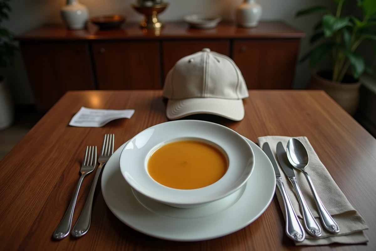 Vue du dessus d'une table dressée avec une casquette posée à côté de l'assiette, symbolisant le manque de savoir-vivre à table