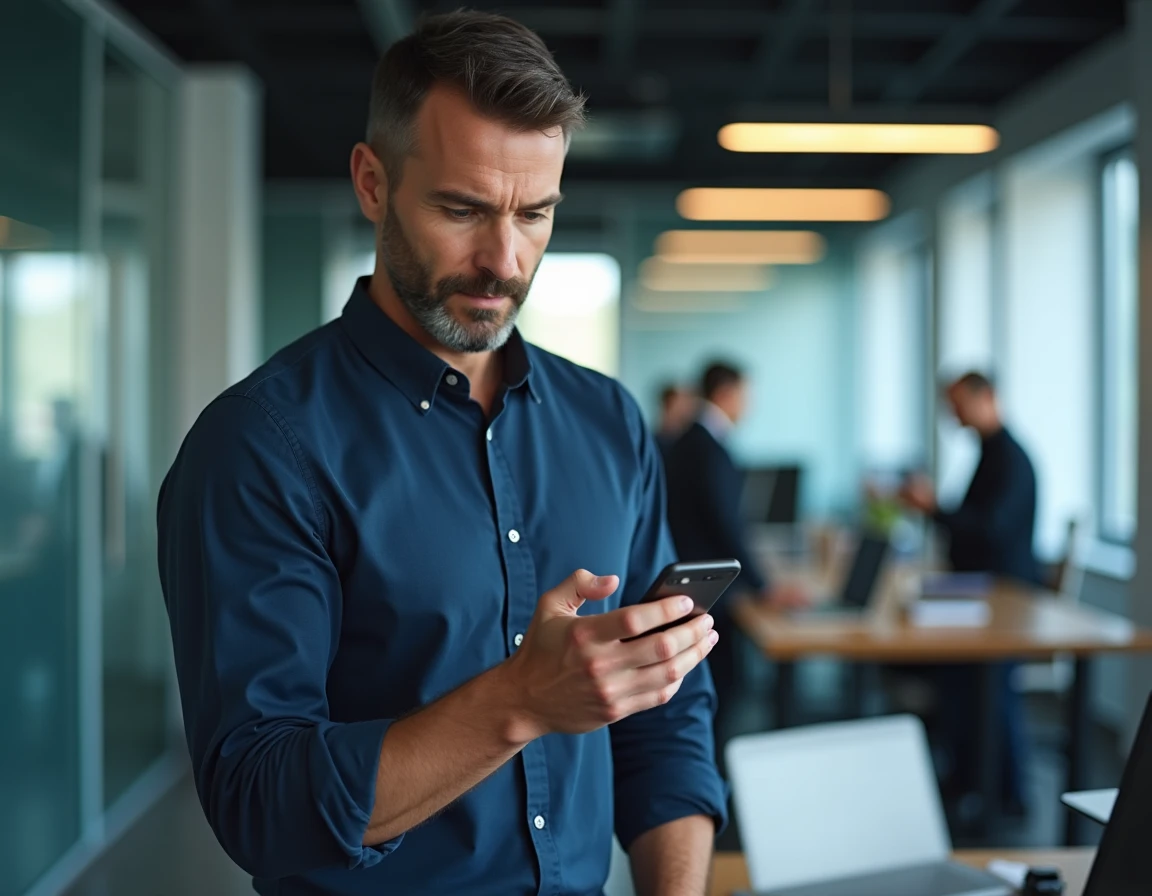 Homme en bureau professionnel cherchant son code de validation Google à 6 chiffres sur son téléphone Android