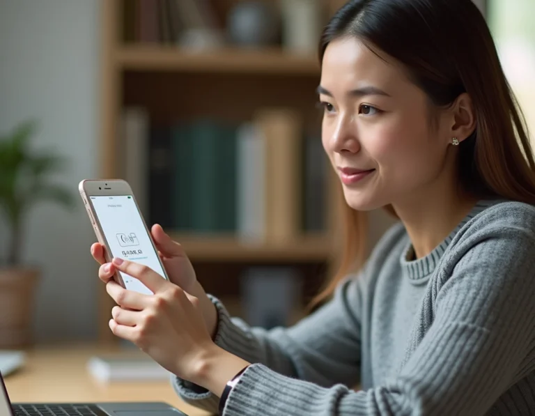 Femme consultant son code de validation Google à 6 chiffres sur son smartphone dans un bureau à domicile