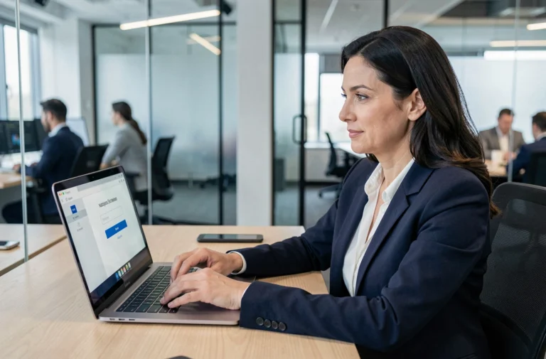 Femme professionnelle se connectant à son compte extranet Civc sur un ordinateur portable dans un bureau moderne