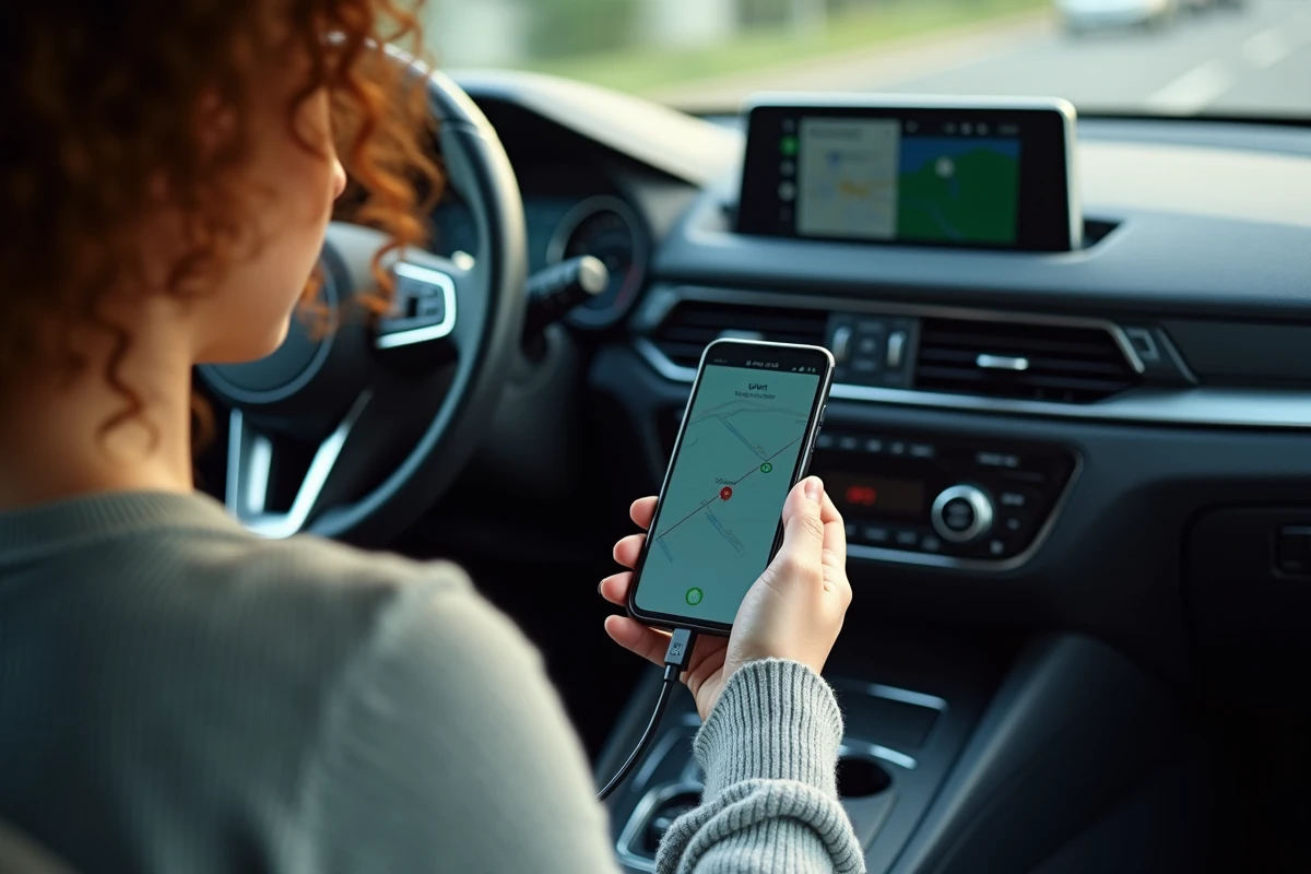 Femme connectant son téléphone au système Android Auto pour afficher Waze sur l'écran de la voiture