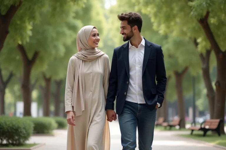 Jeune couple nord-africain dans un parc urbain