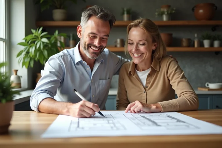 Couple souriant examinant des plans dans une cuisine moderne