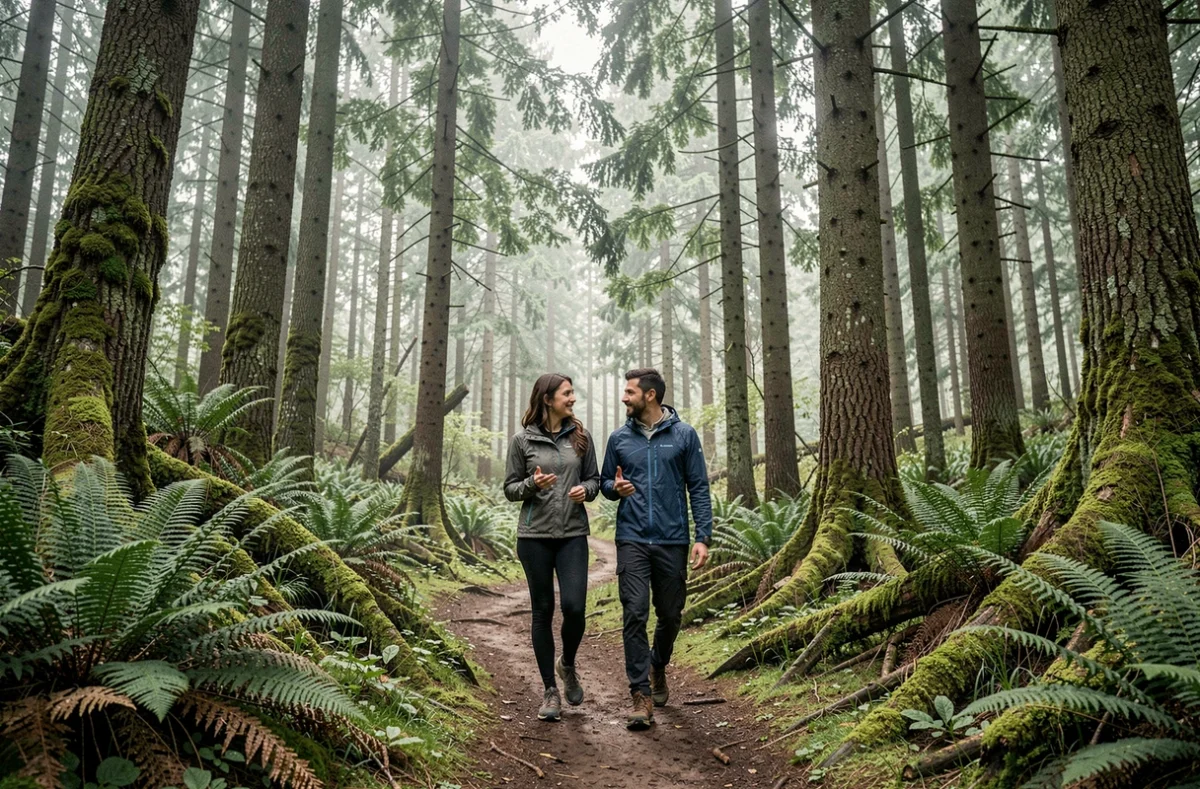 Couple de randonneurs marchant sur un sentier forestier entouré de grands sapins, idée de voyage nature et aventure en plein air