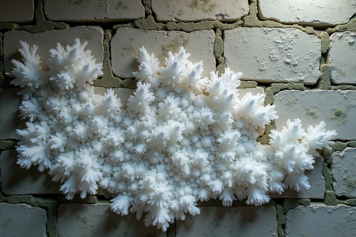 Gros plan sur des efflorescences de salpêtre et moisissures sur un mur de cave en pierre ancienne