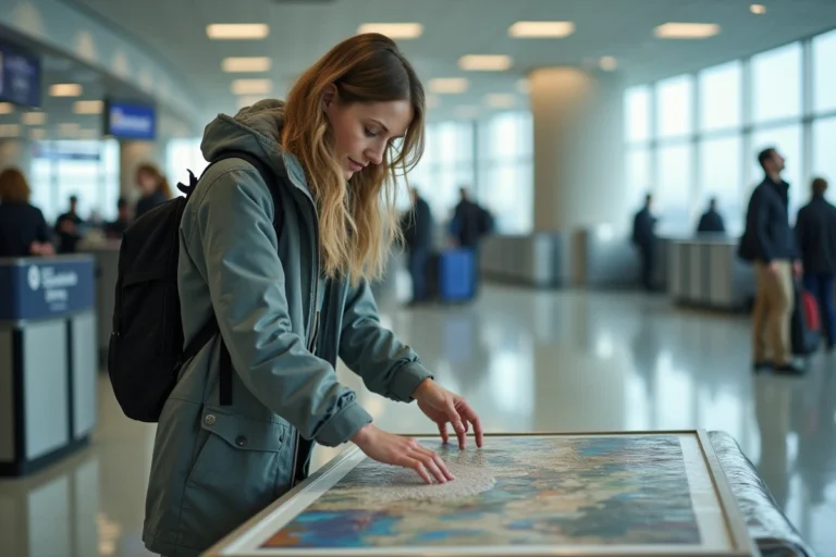 Femme emballant une peinture à l'aéroport avec soin