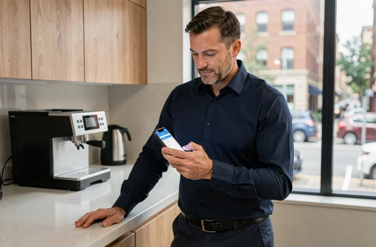 Employé consultant son espace salarié Advango sur smartphone dans une salle de pause