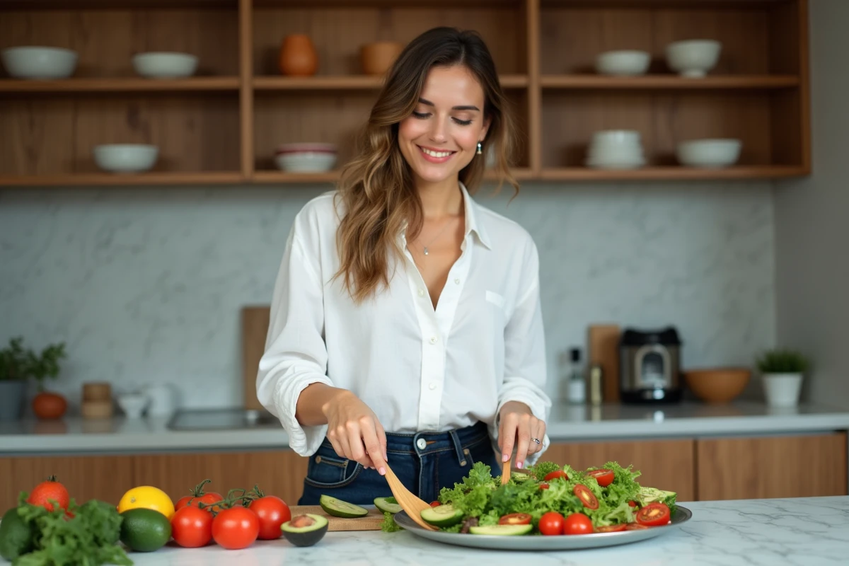 Femme préparant une salade équilibrée dans une cuisine moderne dans le cadre d'une alimentation saine pour atteindre l'IMC idéal