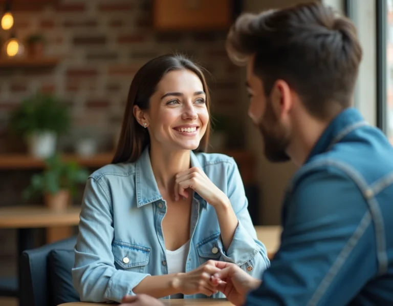 Femme souriante penchée vers un homme dans un café, signe d'attirance et d'intérêt romantique