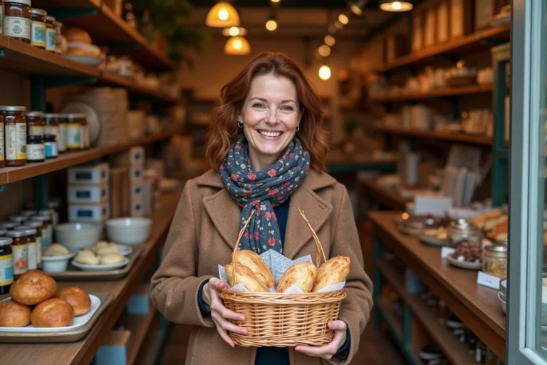 Femme souriante dans une boutique artisanale avec panier de pâtisseries