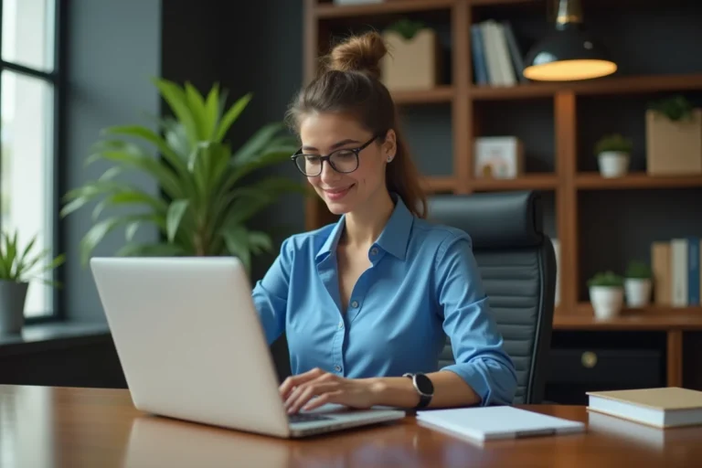 Femme professionnelle souriante au bureau moderne