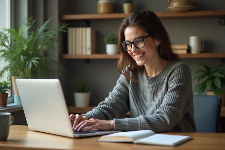 Femme souriante travaillant sur son ordinateur dans un bureau cosy
