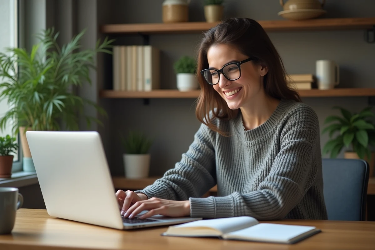 Femme souriante travaillant sur son ordinateur dans un bureau cosy