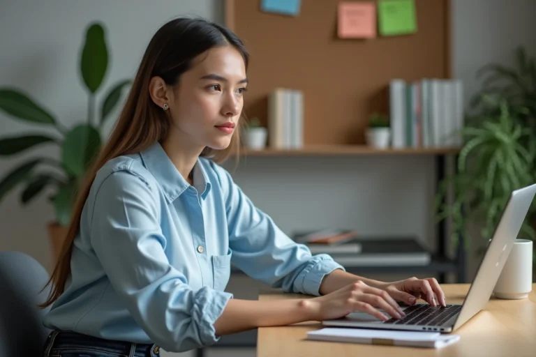 Jeune femme au bureau à domicile travaillant sur son ordinateur