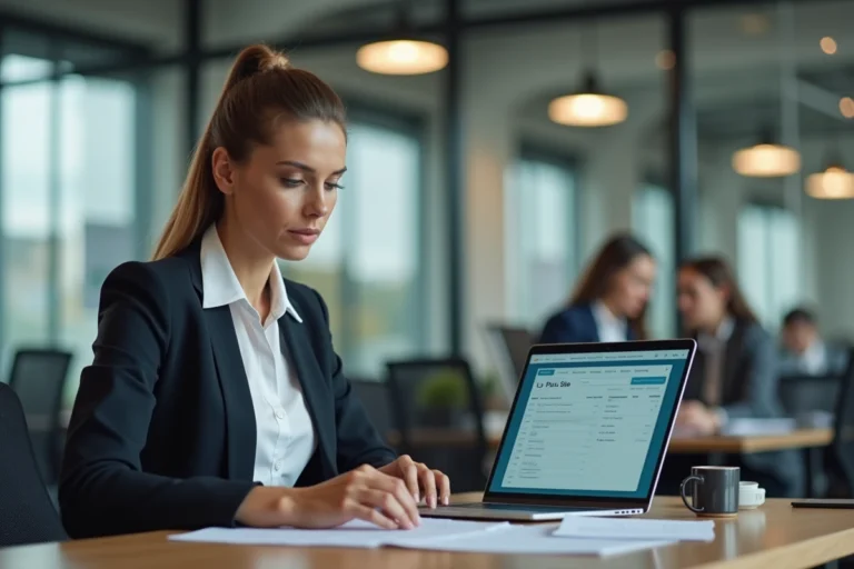 Femme cadre consultant un bulletin de paie numérique Arkevia sur son ordinateur portable au bureau