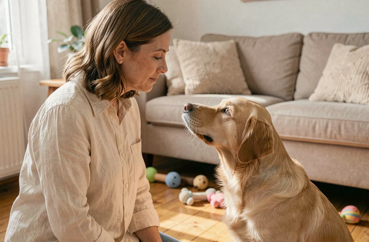 Femme communiquant avec son golden retriever en se mettant à sa hauteur dans un salon chaleureux