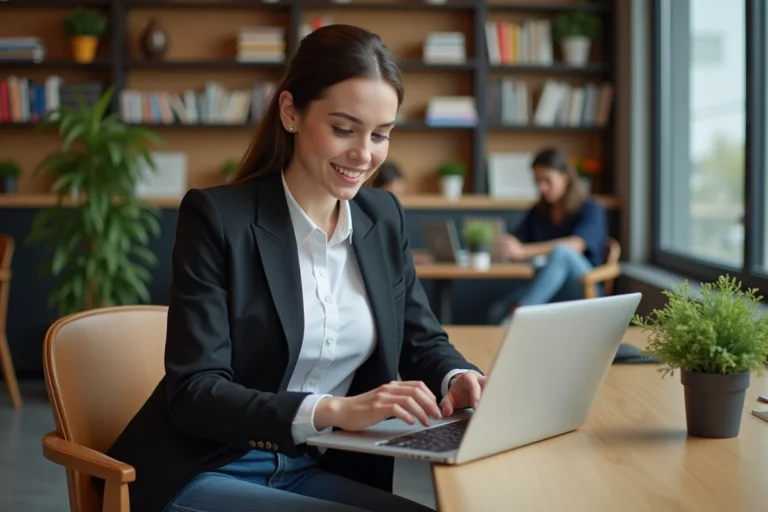 Jeune femme en coworking avec ordinateur portable