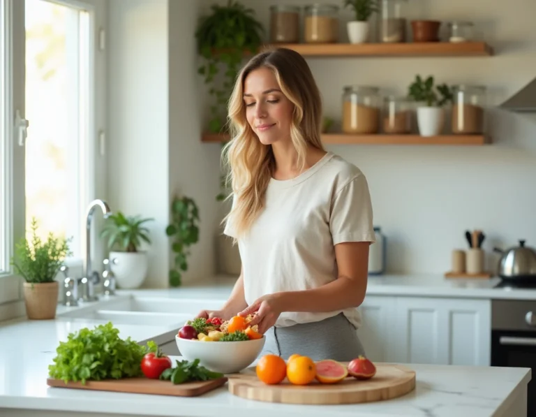 Femme préparant un bol de légumes et fruits frais dans une cuisine moderne pour une alimentation saine et naturelle