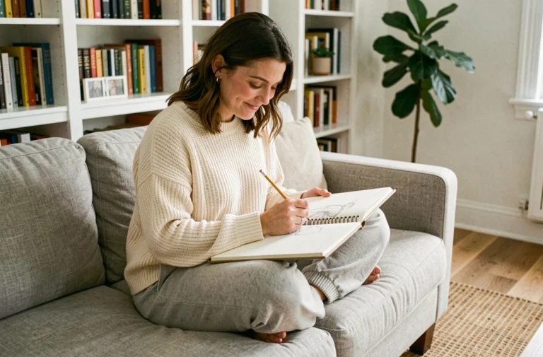 Femme dessinant dans un carnet sur son canapé à la maison, activité créative pour s'occuper intelligemment
