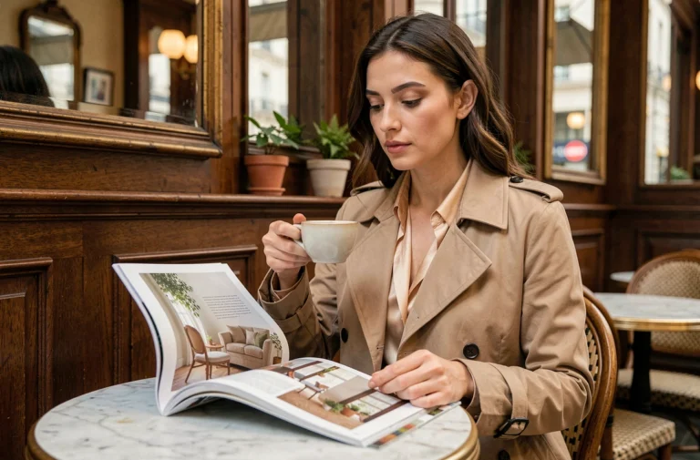 Femme élégante lisant un magazine lifestyle dans un café parisien avec un espresso