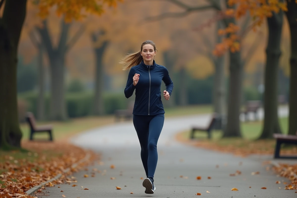 Femme qui fait du jogging dans un parc urbain en automne pour maintenir une silhouette harmonieuse et un IMC équilibré