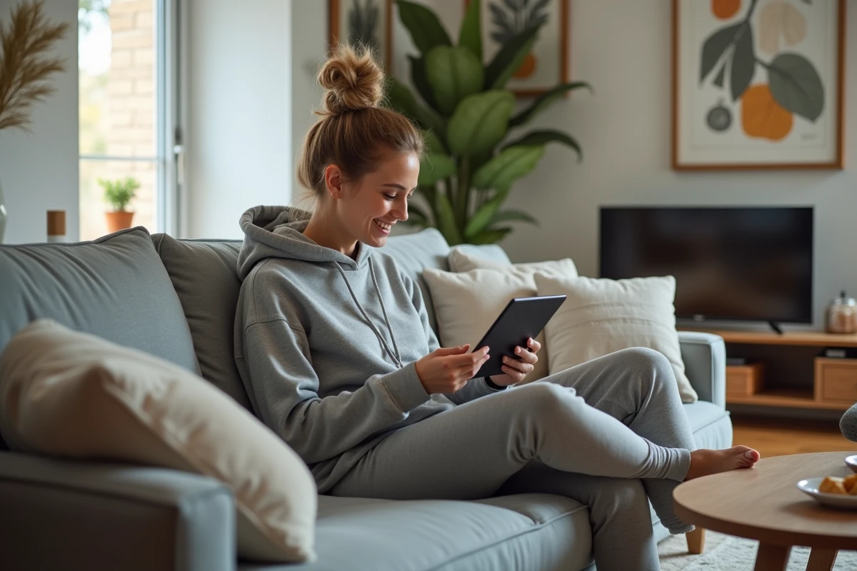 Femme détendue regardant une série sur sa tablette