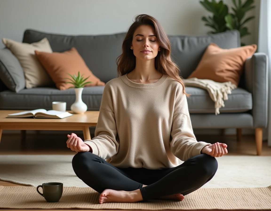Femme en méditation avec une tisane dans un salon cosy illustrant les solutions naturelles de bien-être et gestion du poids