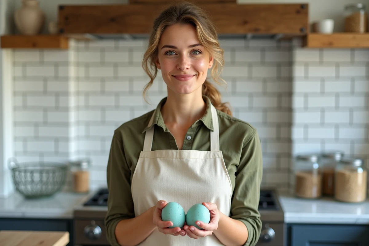Femme tenant des œufs bleus dans ses mains dans une cuisine moderne au style ferme avec plan de travail en marbre