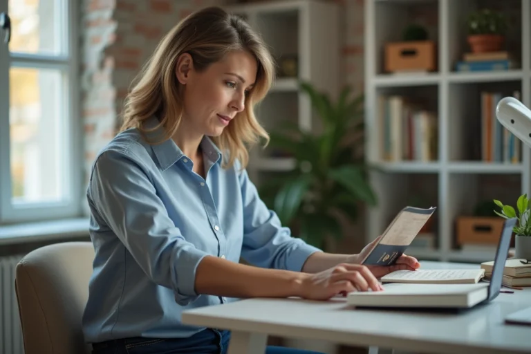 Femme assise à son bureau avec passeport sur photocopieur