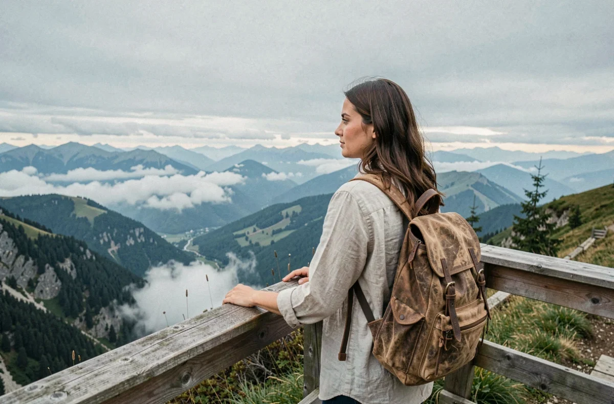 Femme de dos contemplant un panorama de montagne depuis une plateforme en bois, symbolisant l'inspiration pour les aventures de voyage