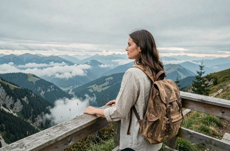Femme de dos contemplant un panorama de montagne depuis une plateforme en bois, symbolisant l'inspiration pour les aventures de voyage