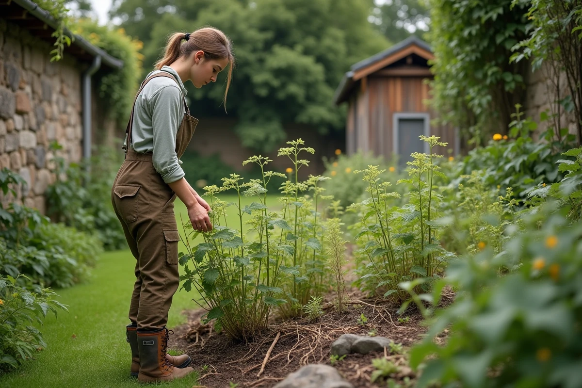 Femme inspectant des orties dans un jardin rustique