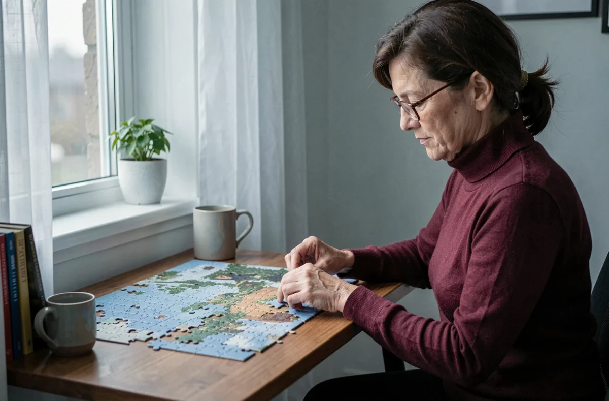 Femme concentrée sur un puzzle à son bureau près d'une fenêtre, activité relaxante pour s'occuper à la maison
