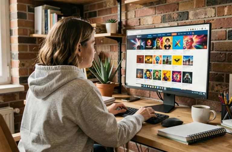 Jeune femme naviguant sur un site de gifs animés gratuits depuis son bureau à domicile
