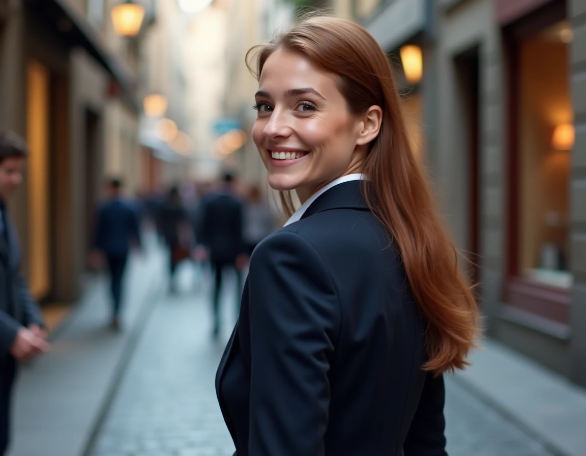 Femme regardant un homme par-dessus son épaule avec un sourire complice dans une rue pavée, signe d'intérêt romantique